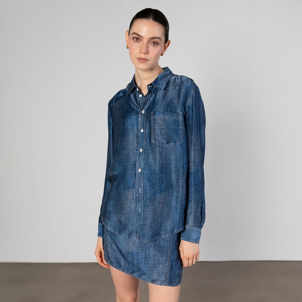 Dark Wash Denim Print Silk Mini Skirt