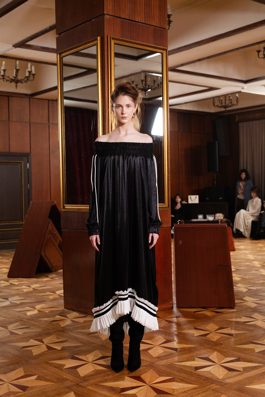 Knit Bare Shoulder Midi Dress Asymmetric Hem | Black