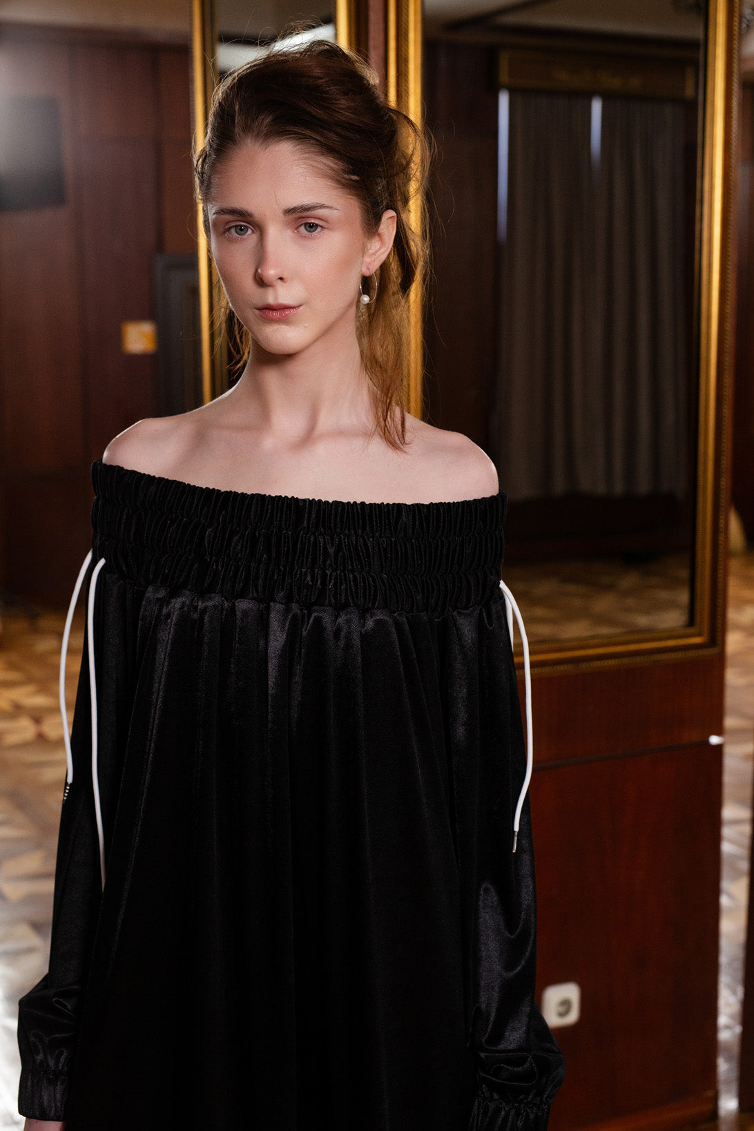 Knit Bare Shoulder Midi Dress Asymmetric Hem | Black