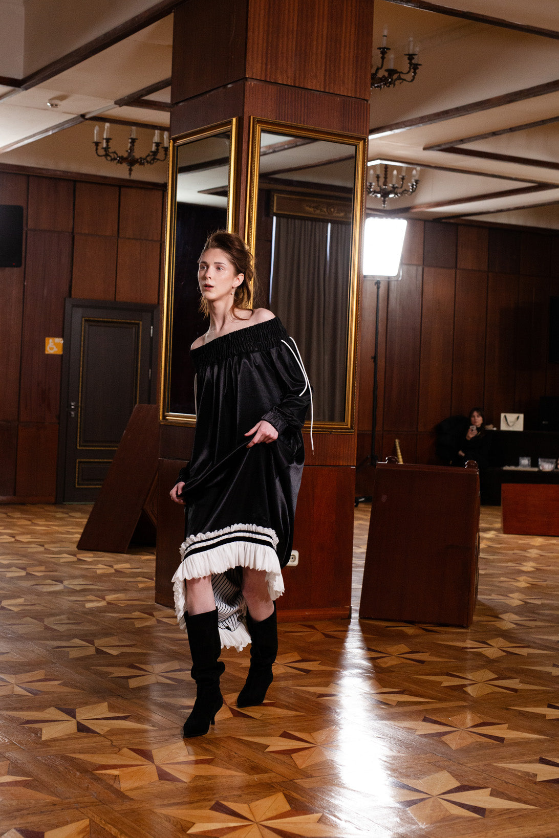 Knit Bare Shoulder Midi Dress Asymmetric Hem | Black