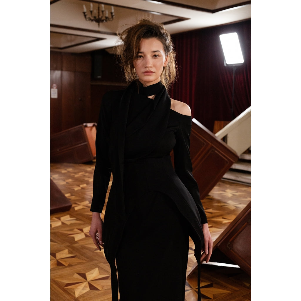 JULIA ALLERT - Elegant Evening Open Shoulder Midi Dress | Black, buy at DOORS NYC