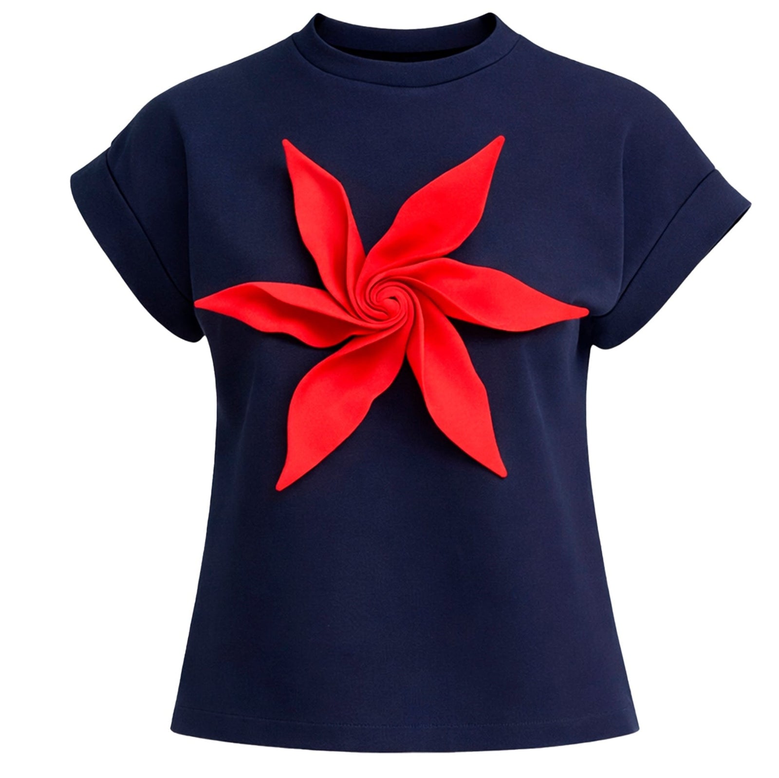 The JULIA ALLERT Crew-Neck Jersey T-Shirt With Flower in dark blue features a large red spiraled flower appliqué with pointed petals at the chest's center.