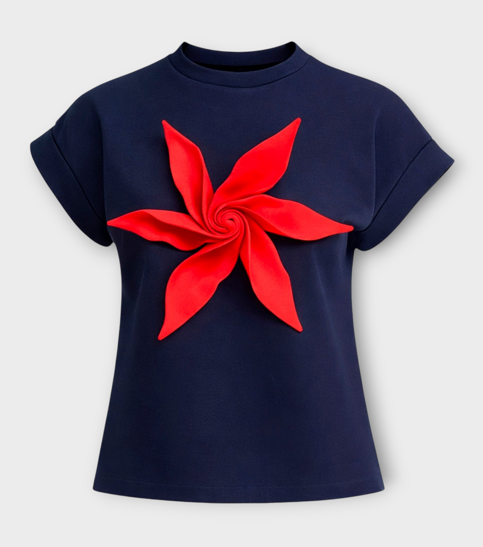 The JULIA ALLERT Crew-Neck Jersey T-Shirt With Flower in dark blue features a large red spiraled flower appliqué with pointed petals at the chest's center.