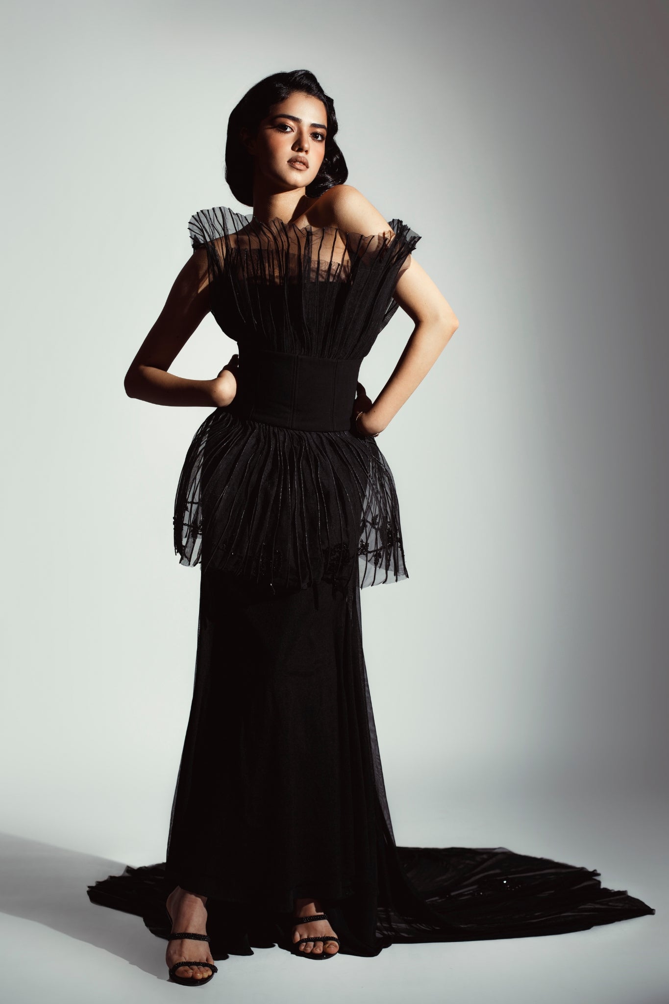 feather peplum dress Chic & Holland HF110706 Feather Boa Peplum Couture Dress