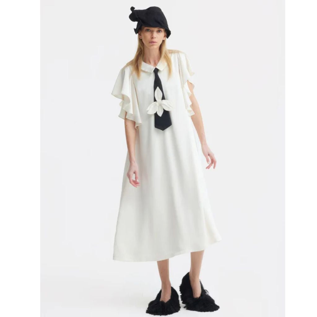 JULIA ALLERT - Double-Layer Satin Midi Dress With Tie Detail Ivory | DOORS NYC JULIA ALLERT - Double-Layer Satin Midi Dress With Tie Detail Ivory | DOORS NYC