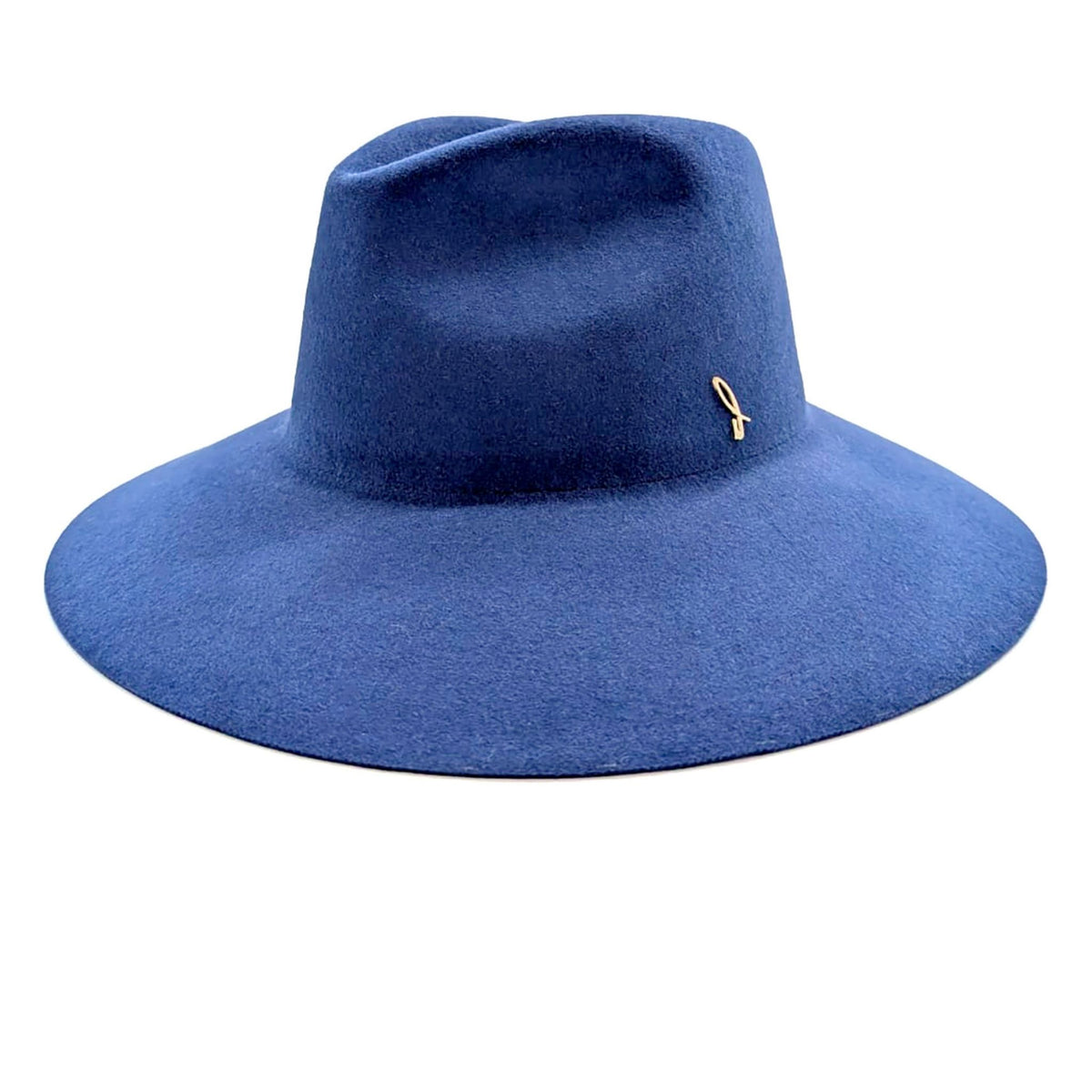 Blue fedora hat with a decorative brooch on a white background