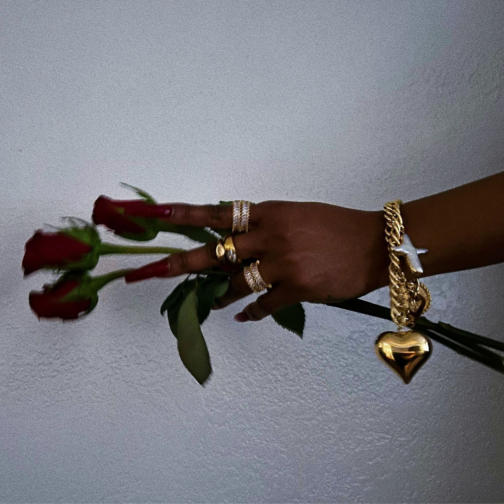 Pearl Cross and Puffy Heart Chunky Charm Bracelet