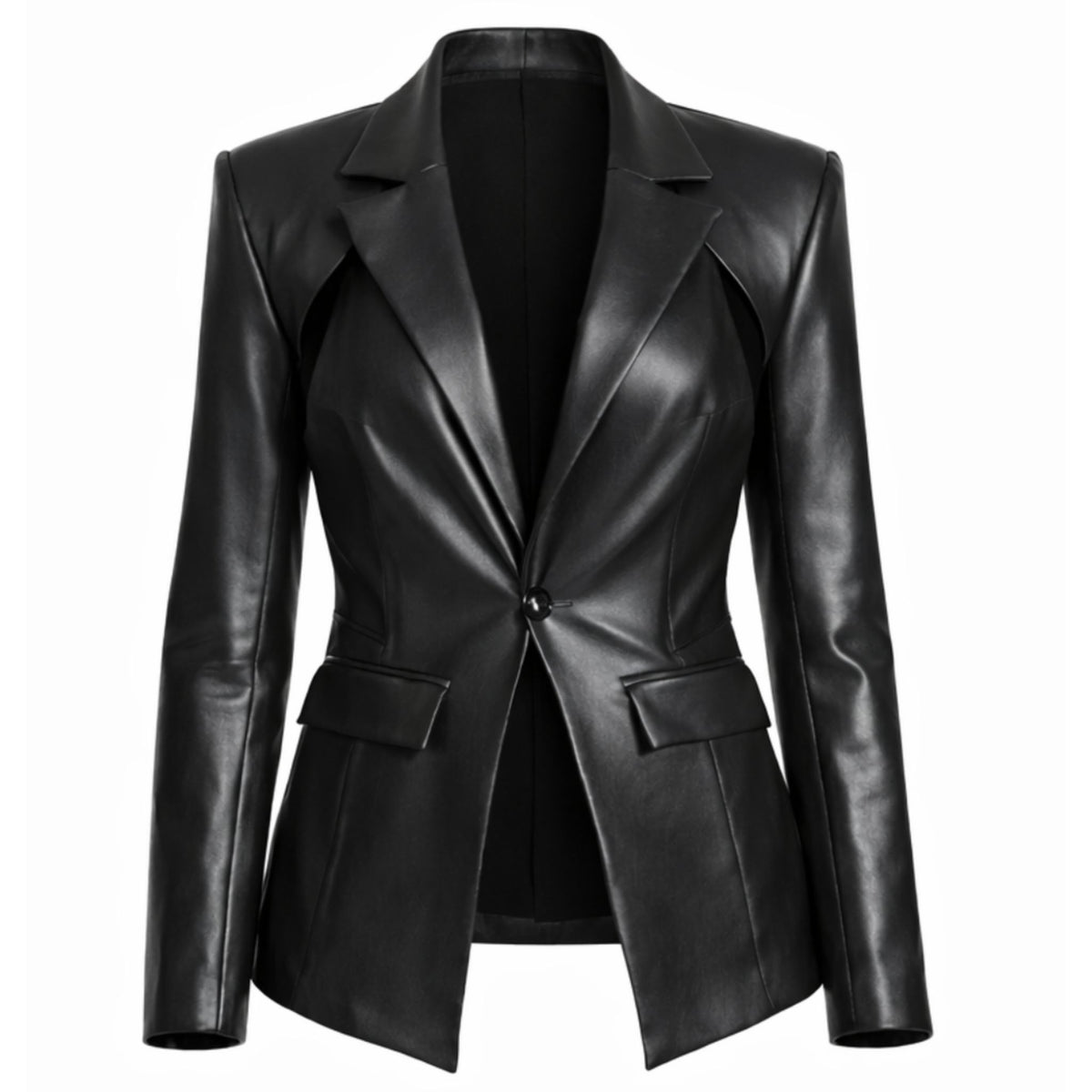 The CIRCULAR PATH Vegan Leather Cut Out Blazer | PR Sample is a sleek black blazer with a single button, notched lapels, long sleeves, and front flap pockets—an edgy, elegant choice for any outfit. Displayed against a plain white background.