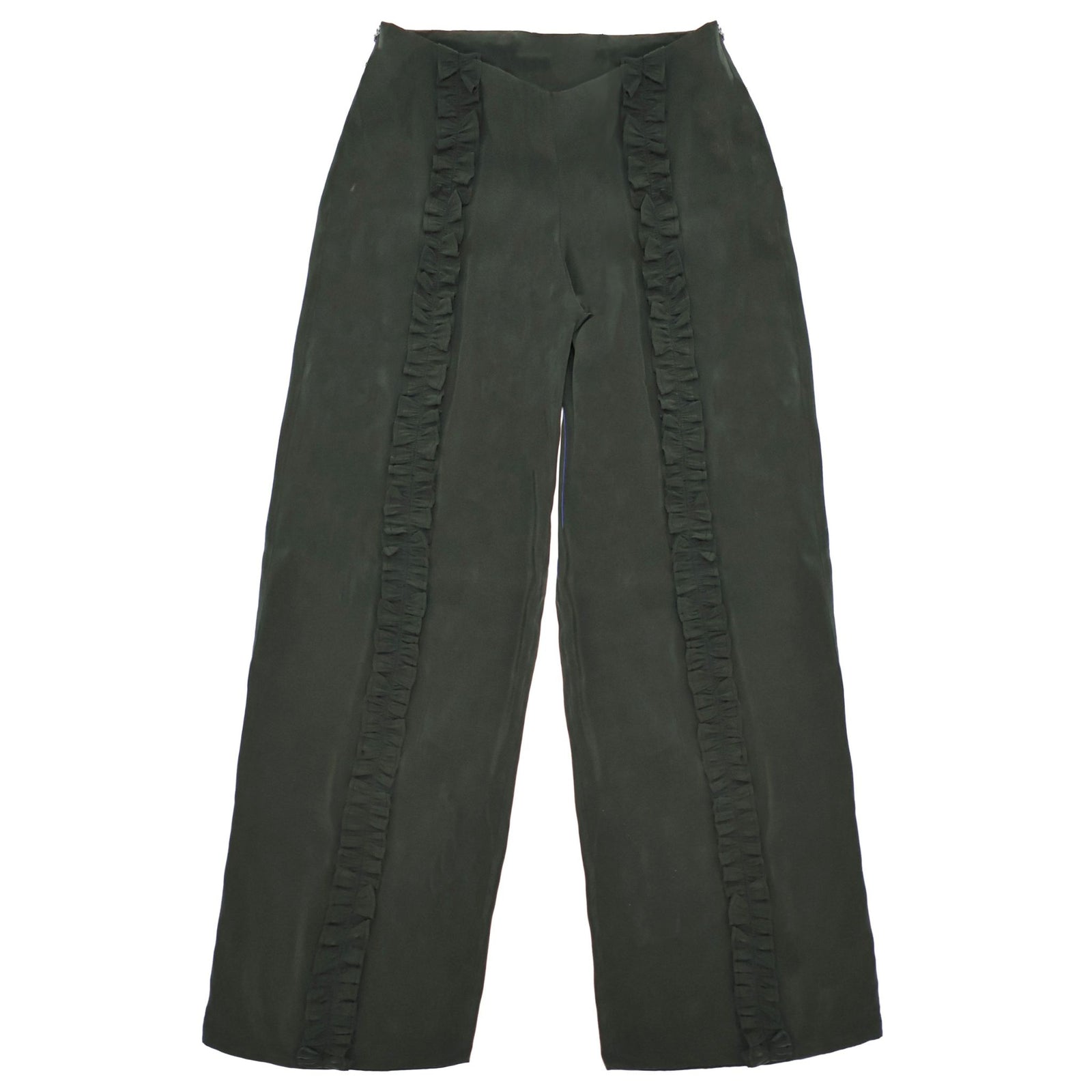 Dark green pants with ruffled details on a white background