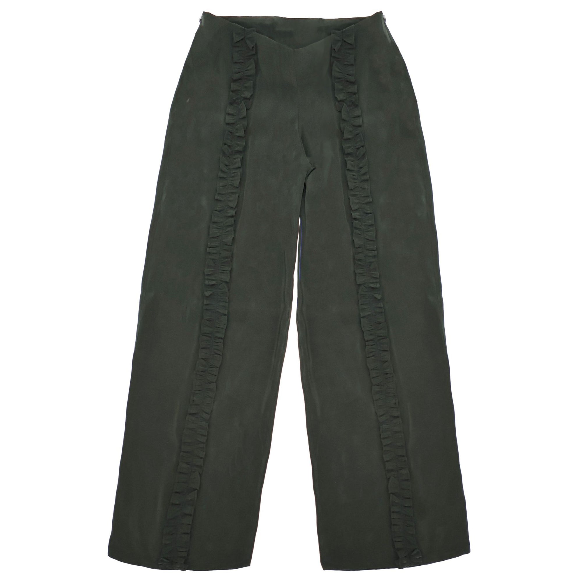 Dark green pants with ruffled details on a white background