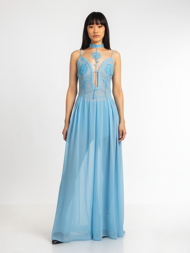 Rose Embroidered Maxi Dress | Blue