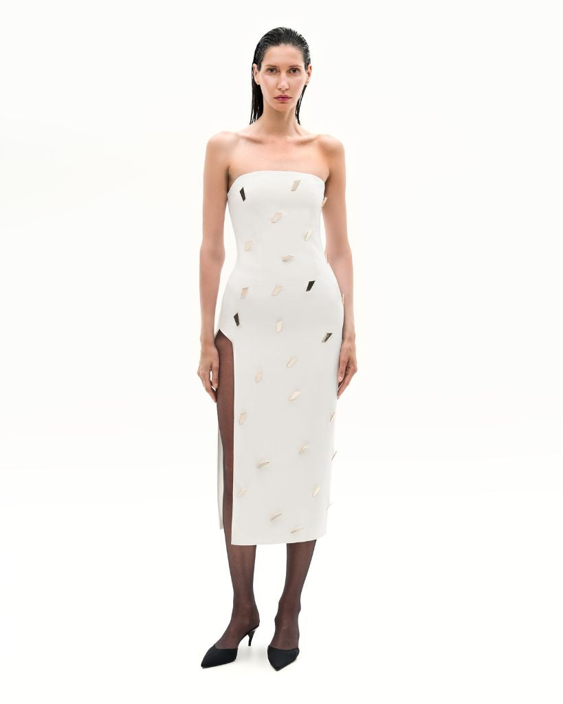 KRIS MARAN - Strapless Dress With Signature Buttons | White buy at DOORS NYC