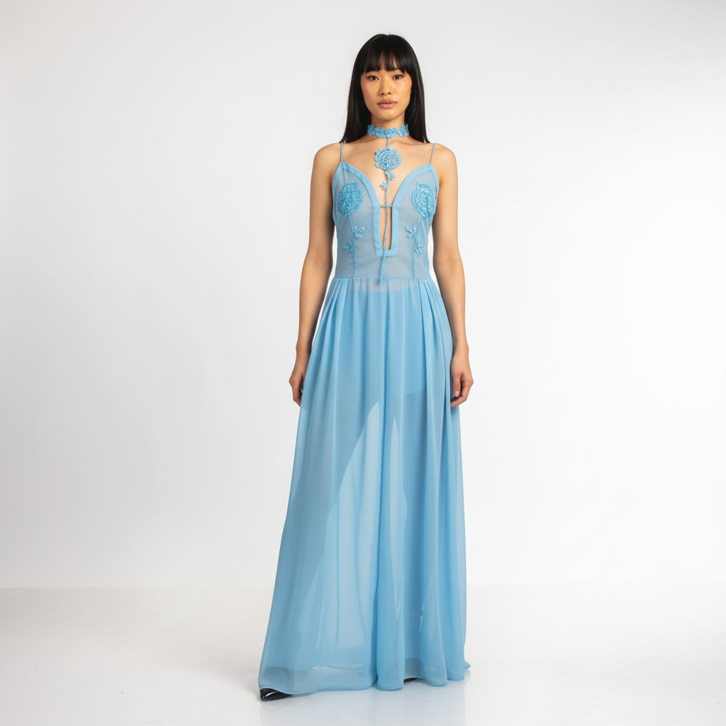 Rose Embroidered Maxi Dress | Blue