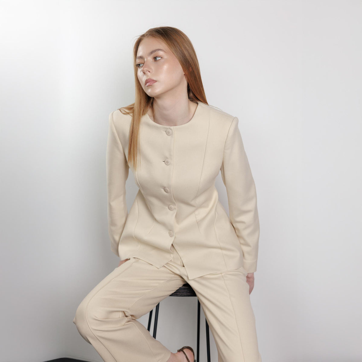 Linear Tailored Crease Beige Trousers