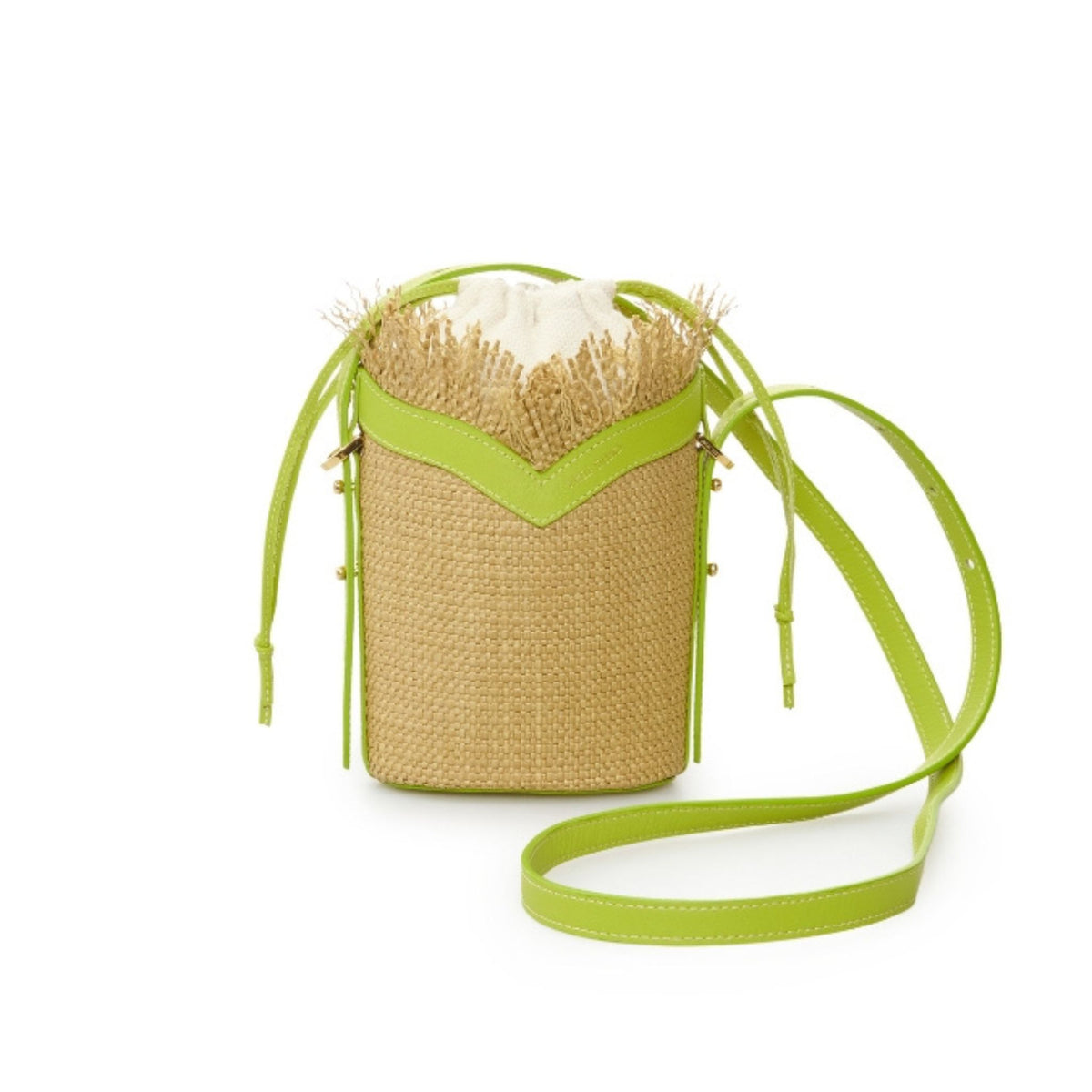Woven handbag with a green strap on a white background