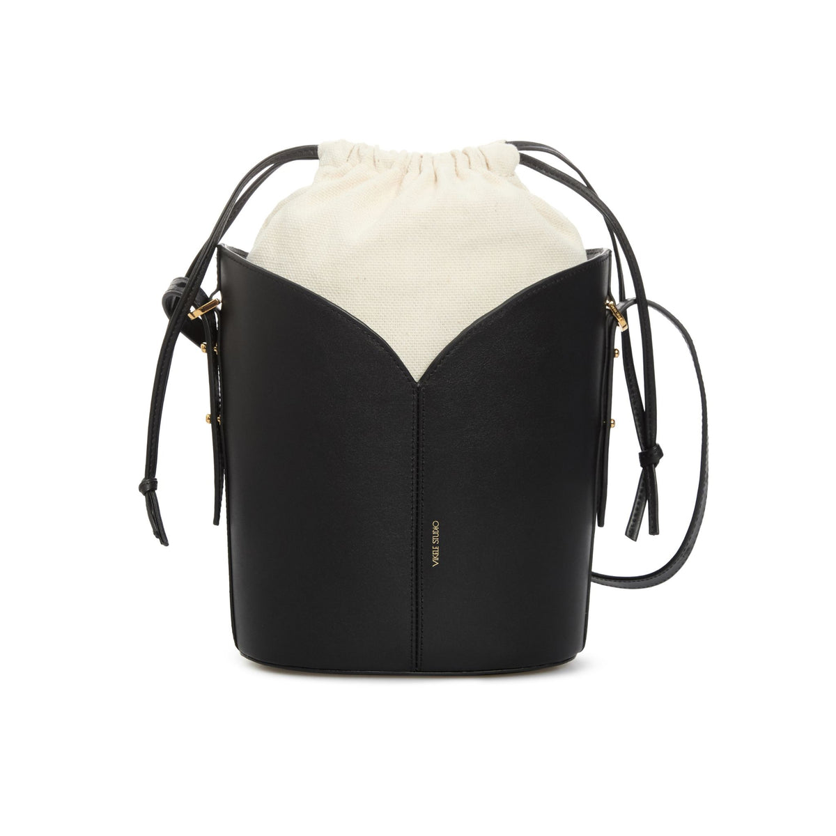 Black and white drawstring bag on a white background