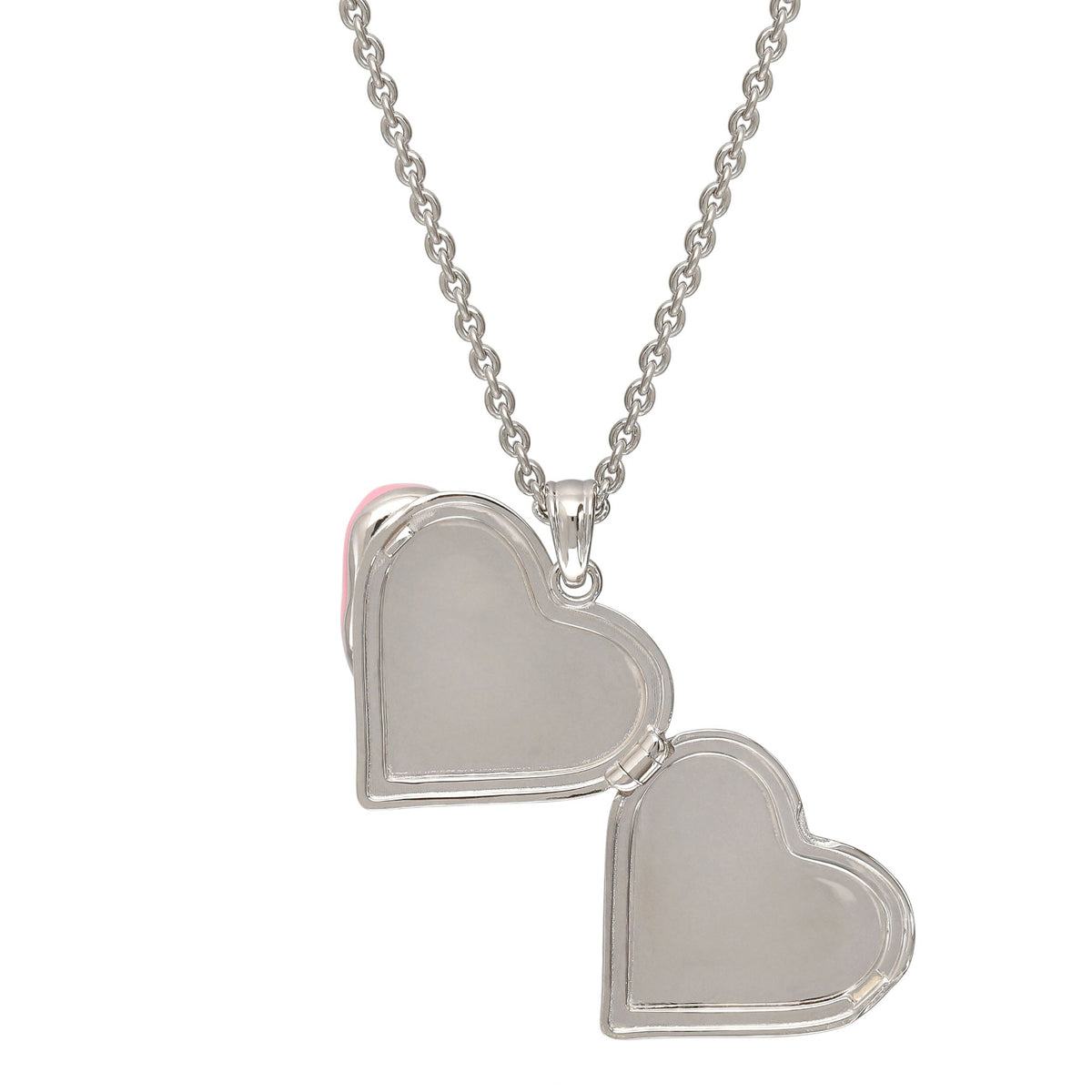 Silver heart-shaped pendant necklace on a white background