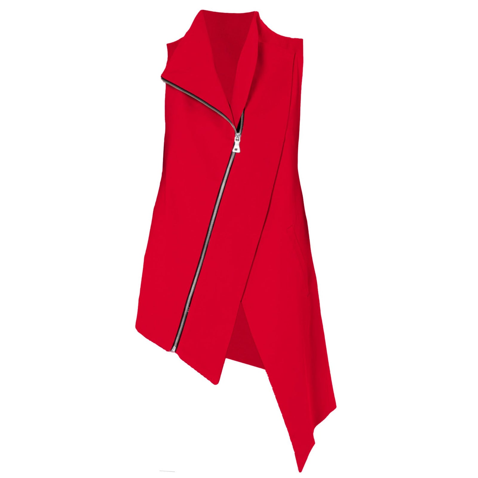 Red sleeveless jacket with a zipper on a white background