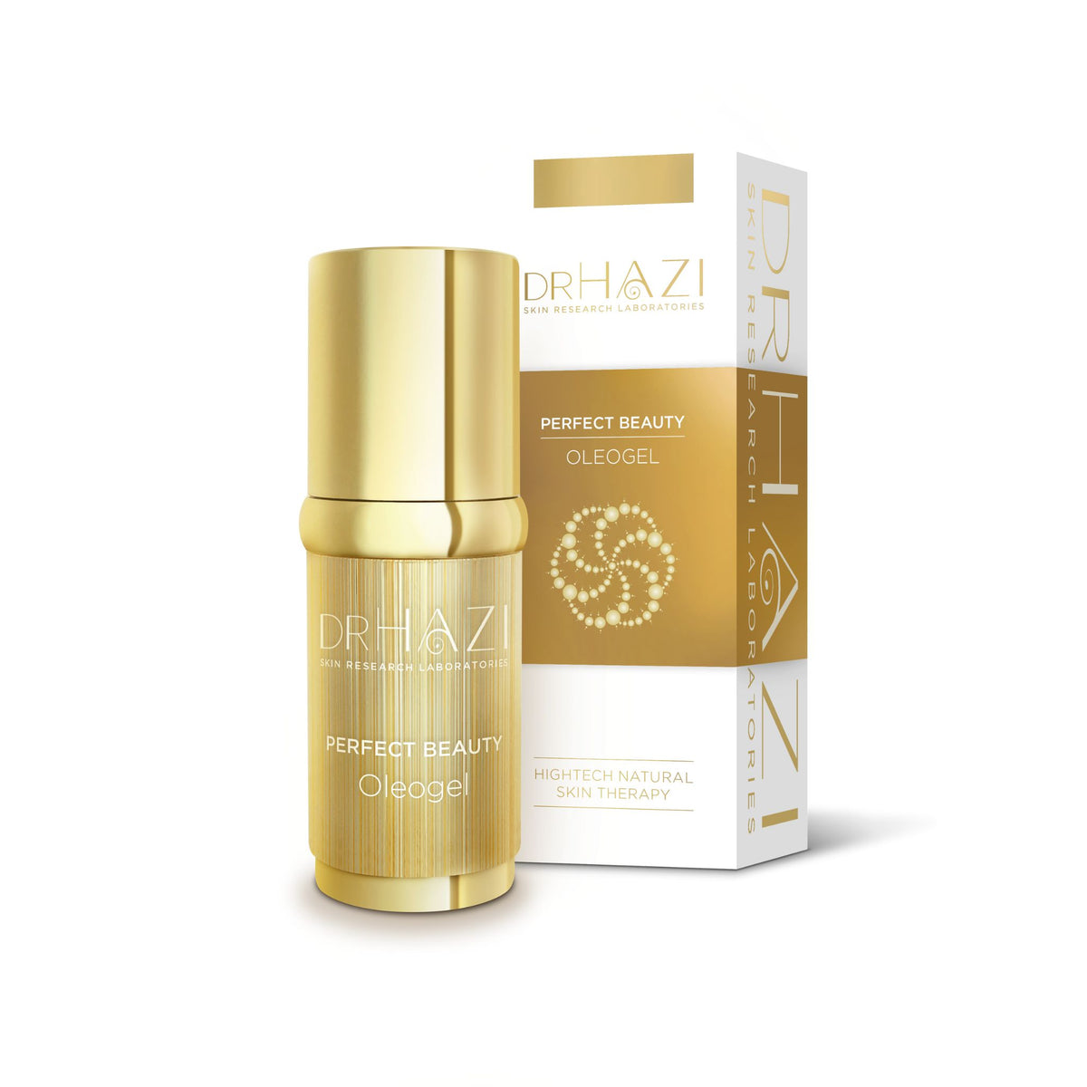 Gold skincare bottle and packaging with &#39;Dr. Hazi&#39; branding on a white background