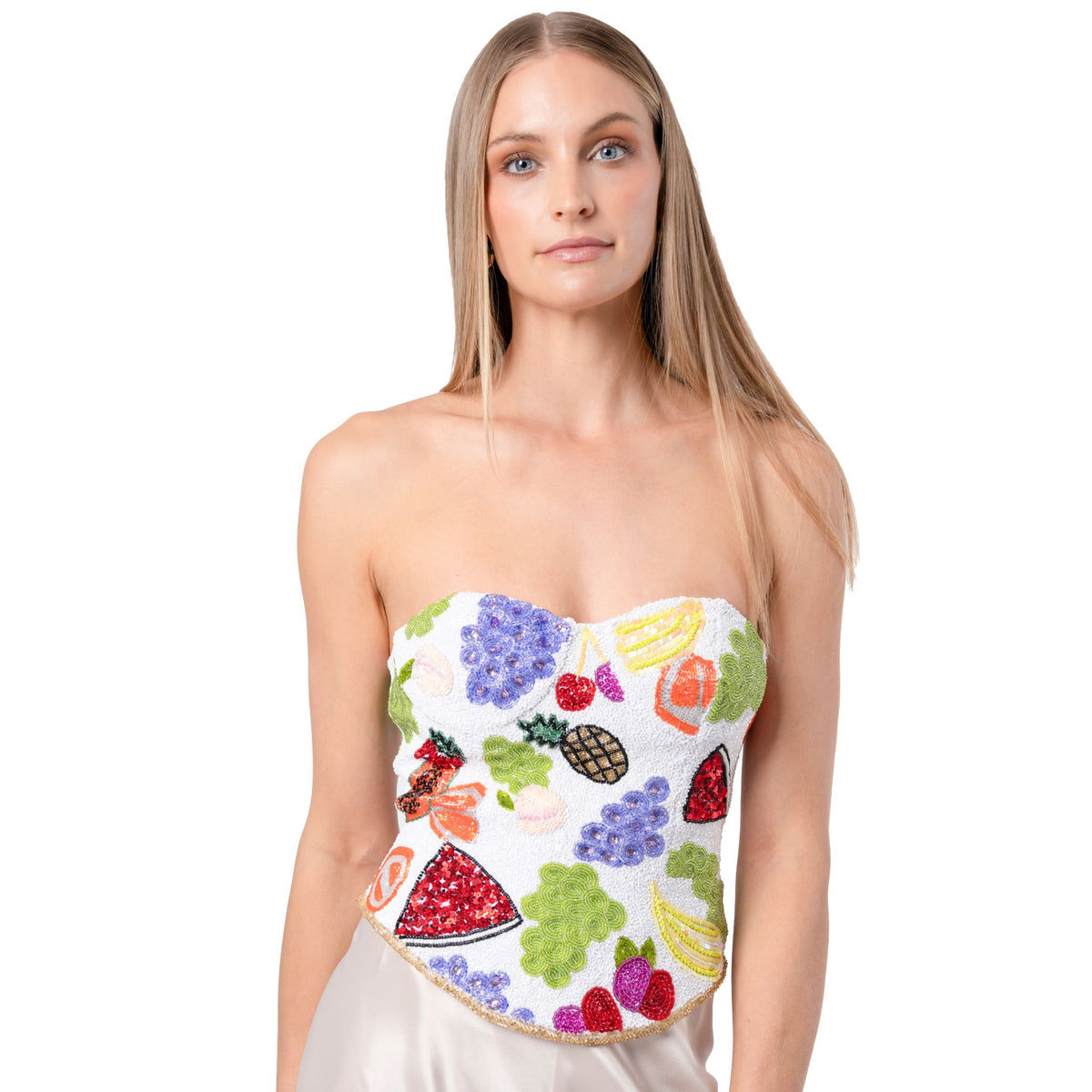 Fruit Hand-Beaded Embellished Corset Top | White