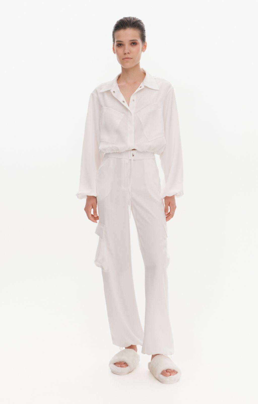 KRIS MARAN - Silky Cargo Pants | Ecru buy at DOORS NYC