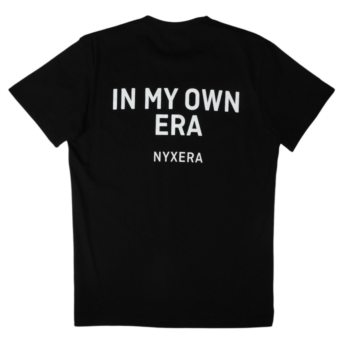 Black t-shirt with &#39;IN MY OWN ERA NYXERA&#39; text on a white background