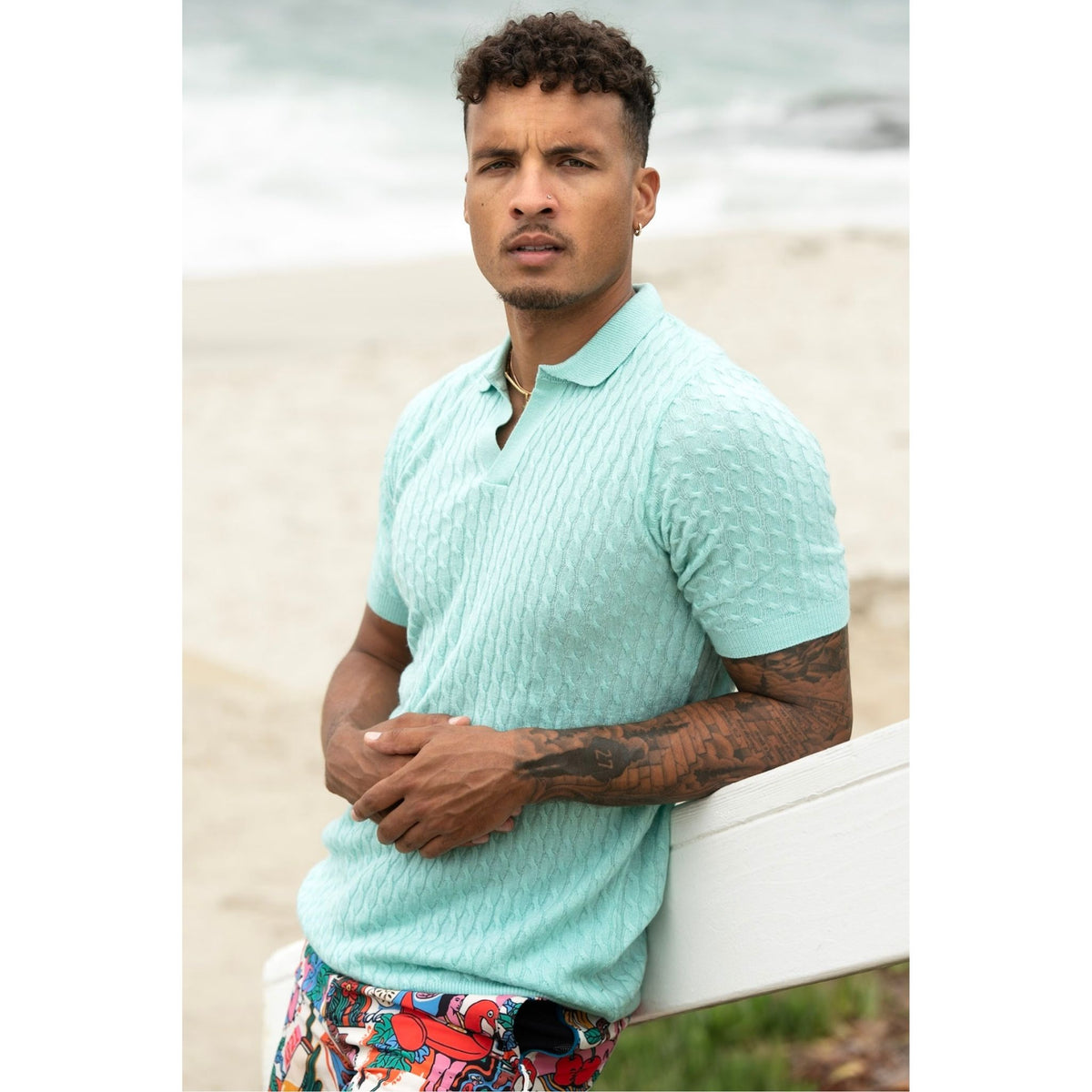 Sky Blue Cable Knit Cashmere Feel Polo Shirt