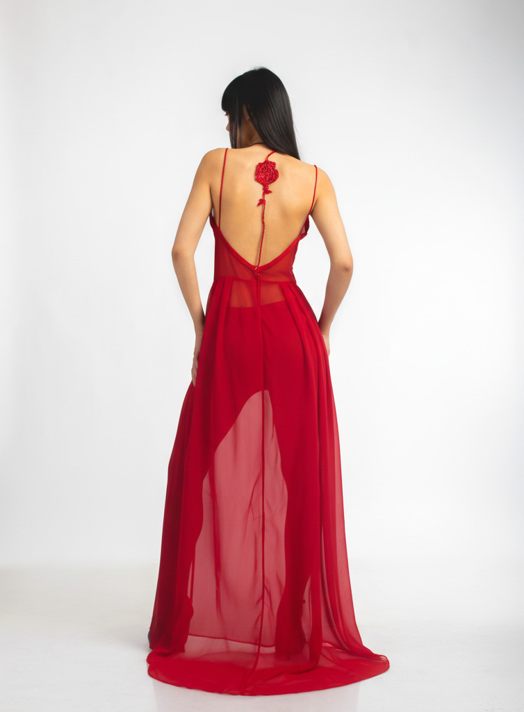 Rose Embroidered Maxi Dress | Red