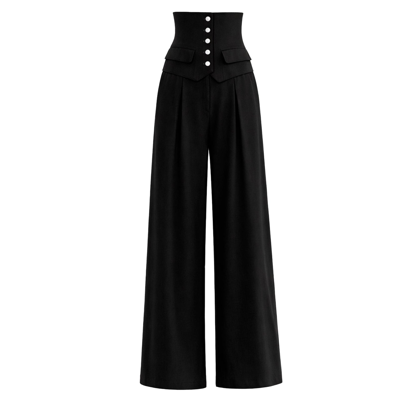 The Buttoned Corset-Waist Black Tailored Trousers by JULIA ALLERT feature a high waist, wide-leg fit, a structured corset-style waistband with four white buttons, sculpted detailing, and two decorative front pocket flaps.