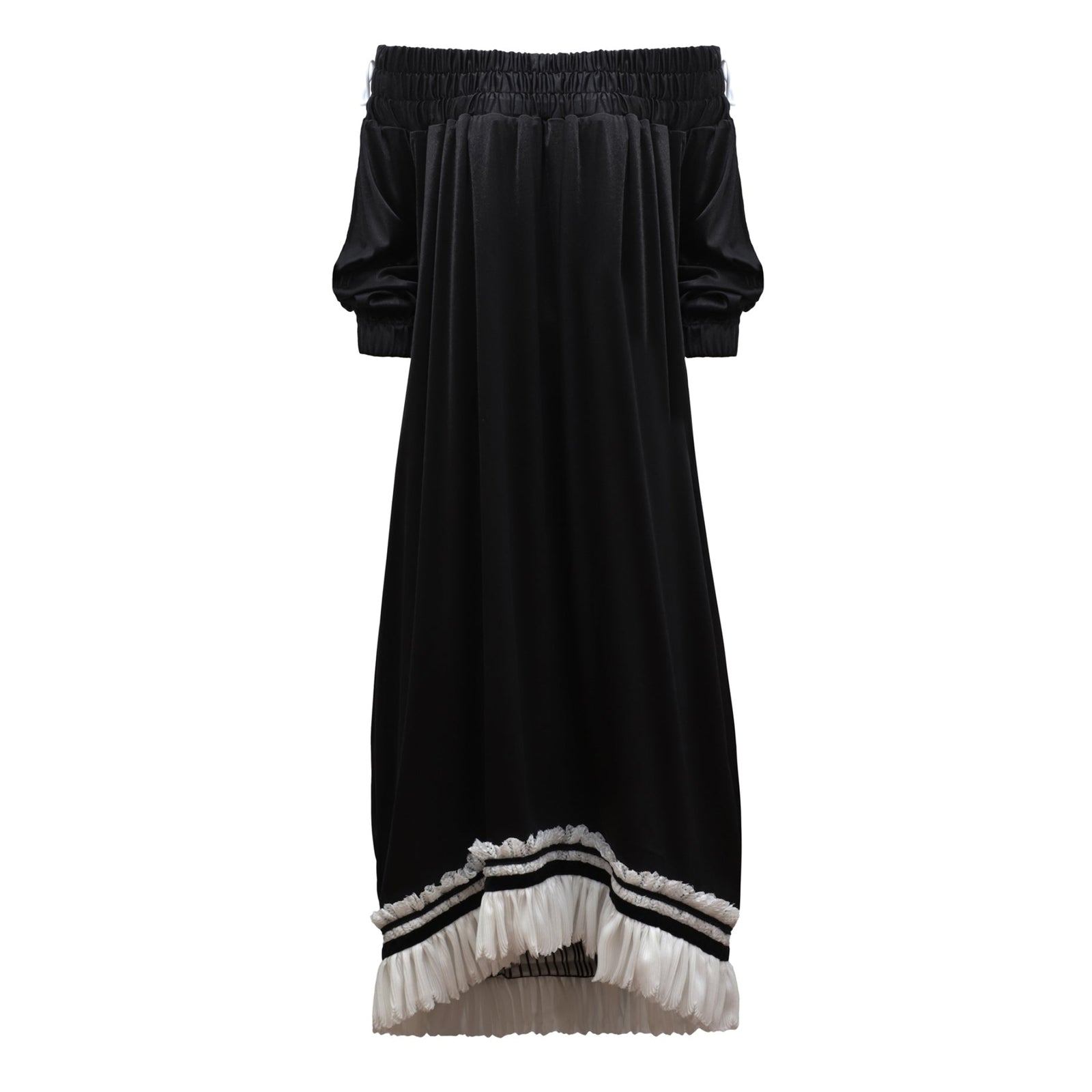 The Knit Bare Shoulder Midi Dress Asymmetric Hem in black by JULIA ALLERT features short sleeves, a gathered elastic neckline and cuffs, and a ruffled white hem with black trim.