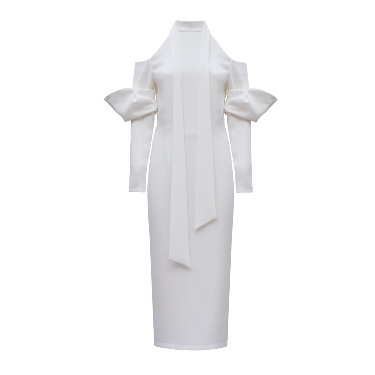 White dress with bow details on a white background