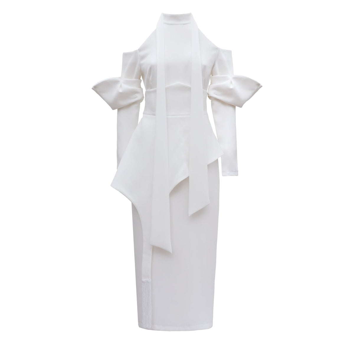 White dress with ruffled sleeves on a white background