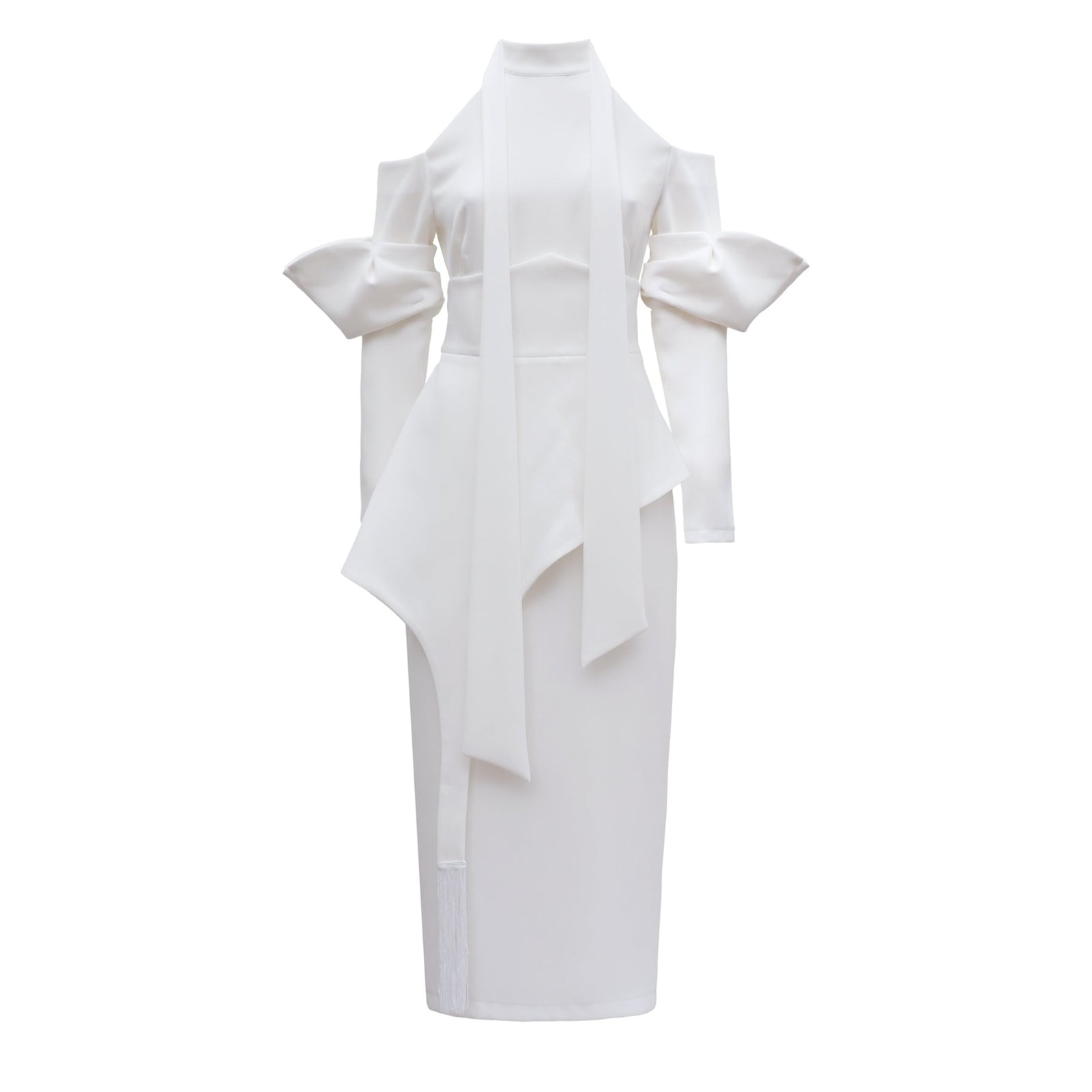 White dress with ruffled sleeves on a white background