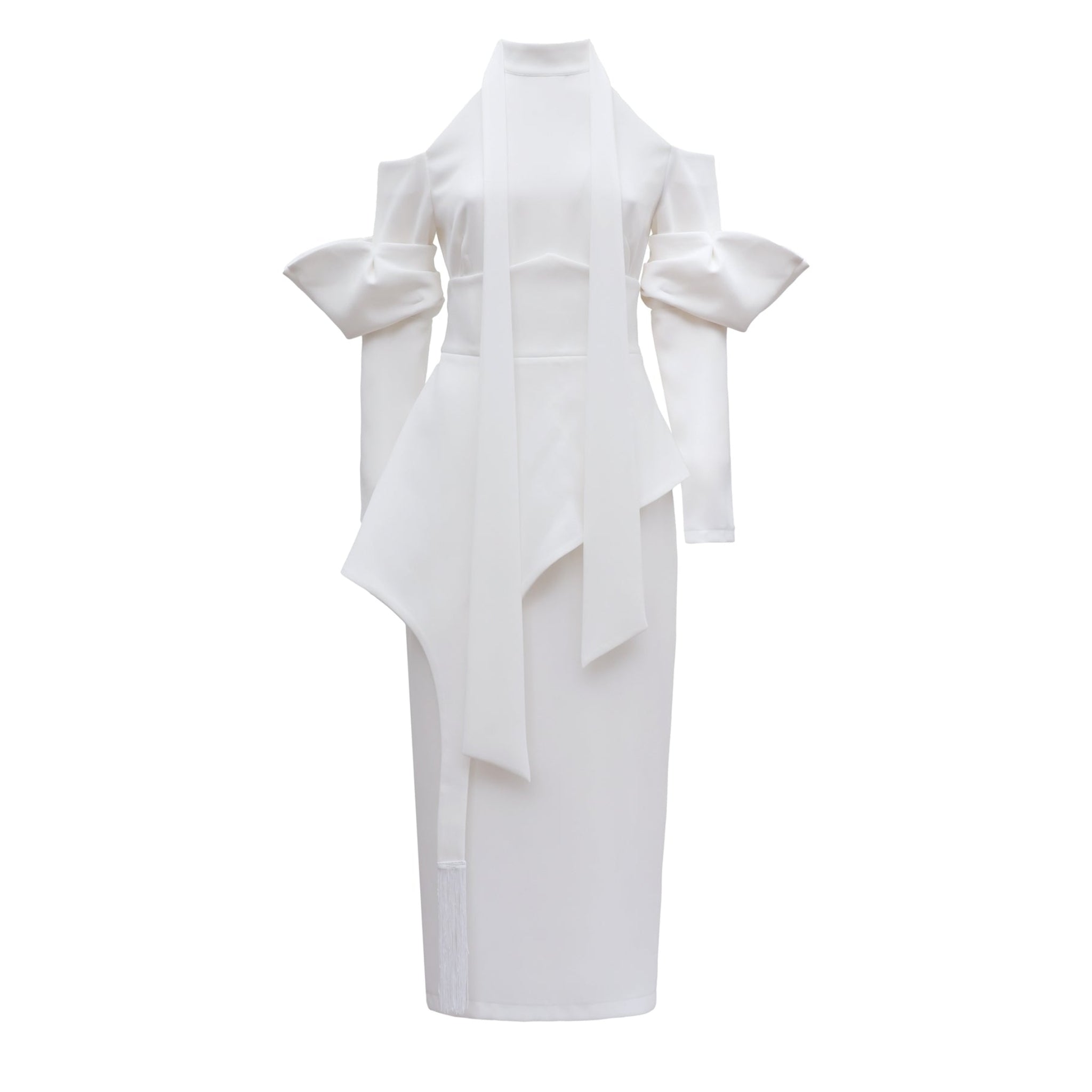 JULIA ALLERT - Fashion Cold-Shoulder Midi Dress With Asymmetrical Belt | White | at DOORS NYC JULIA ALLERT - Fashion Cold-Shoulder Midi Dress With Asymmetrical Belt | White | at DOORS NYC