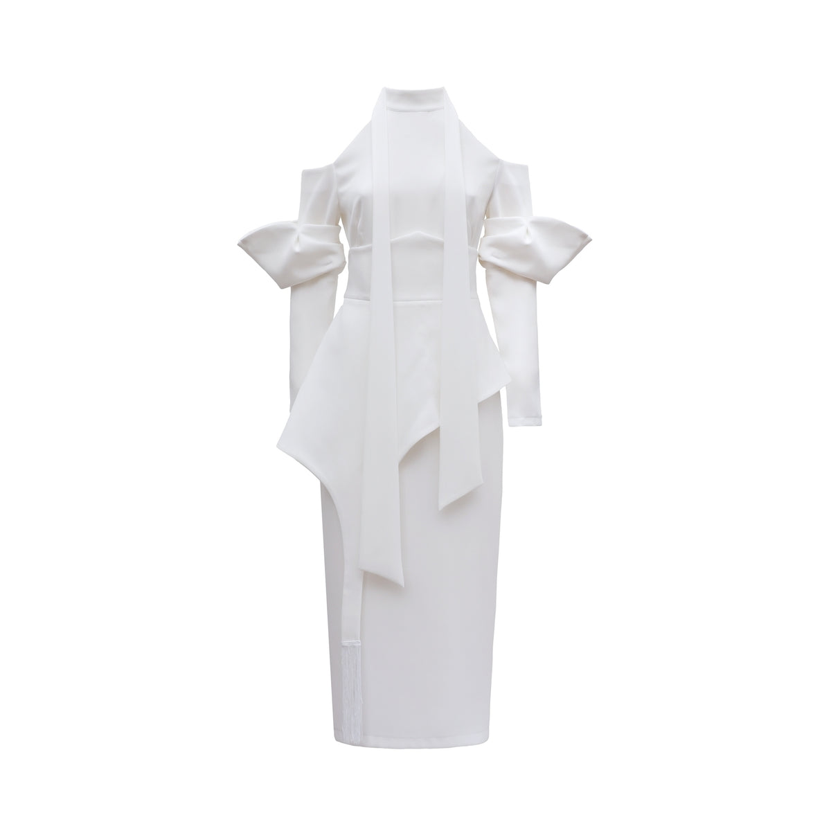 Fashion Cold-Shoulder Midi Dress With Asymmetrical Belt | White