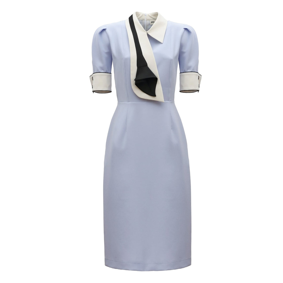 The JULIA ALLERT Formal Fitted Dress With White Collar in light blue is an office-to-evening style, featuring short puffed sleeves, white cuffs, a pointed collar, and a chic black-and-white asymmetrical scarf accent.