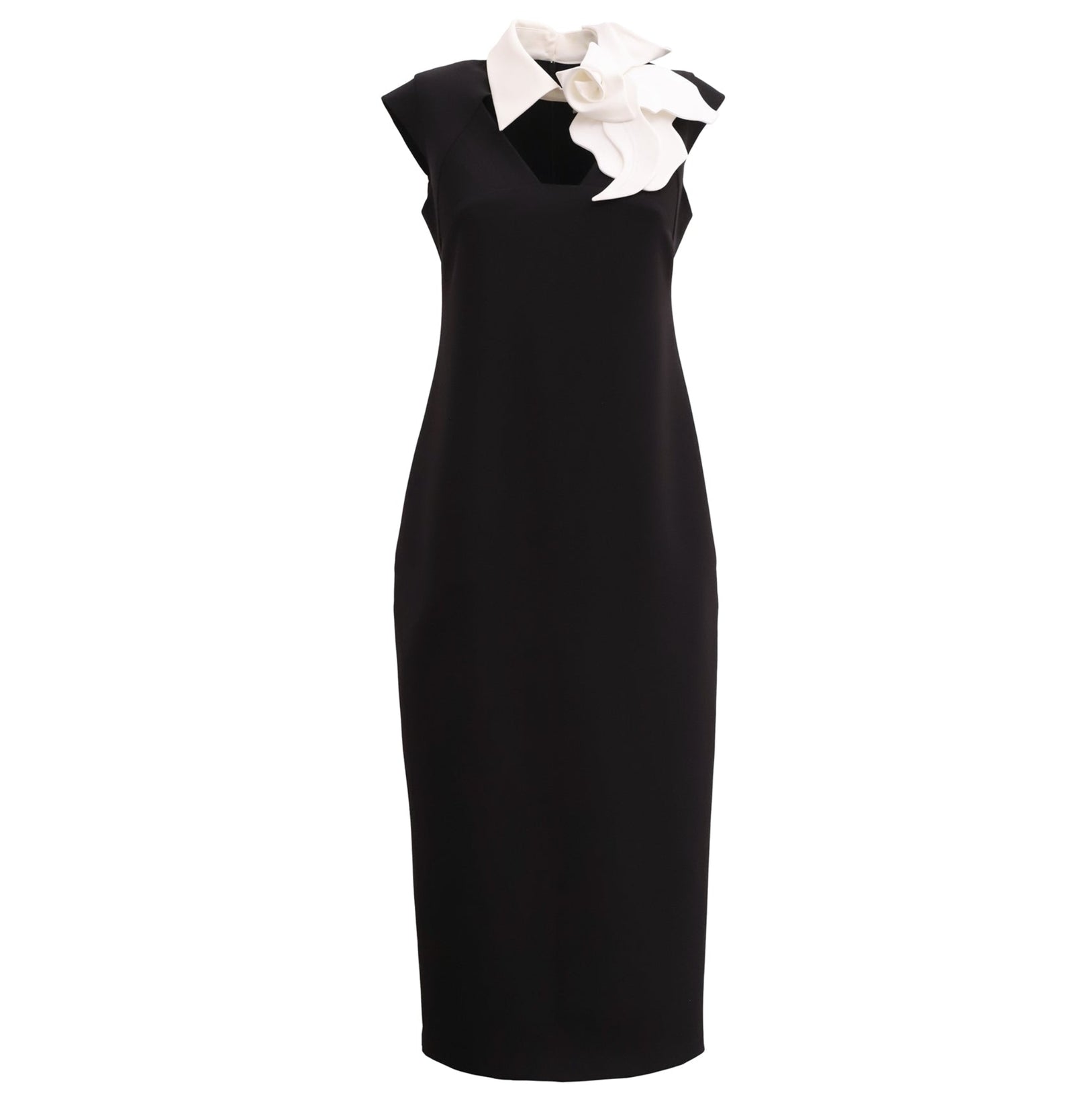 The Modern Business Sheath Dress With Decorative Collar in black by JULIA ALLERT is a sleeveless, fitted midi dress with a white collar and bold decorative bow—perfect for standout office style.