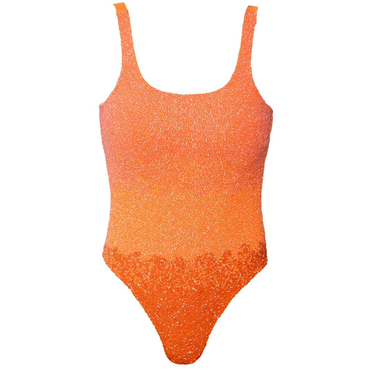 SELF-ADORE’s Ombre Hand-Beaded Embellished One-Piece Swimsuit in bright orange features sparkling textured details and a scoop neckline, showcased against a white background.