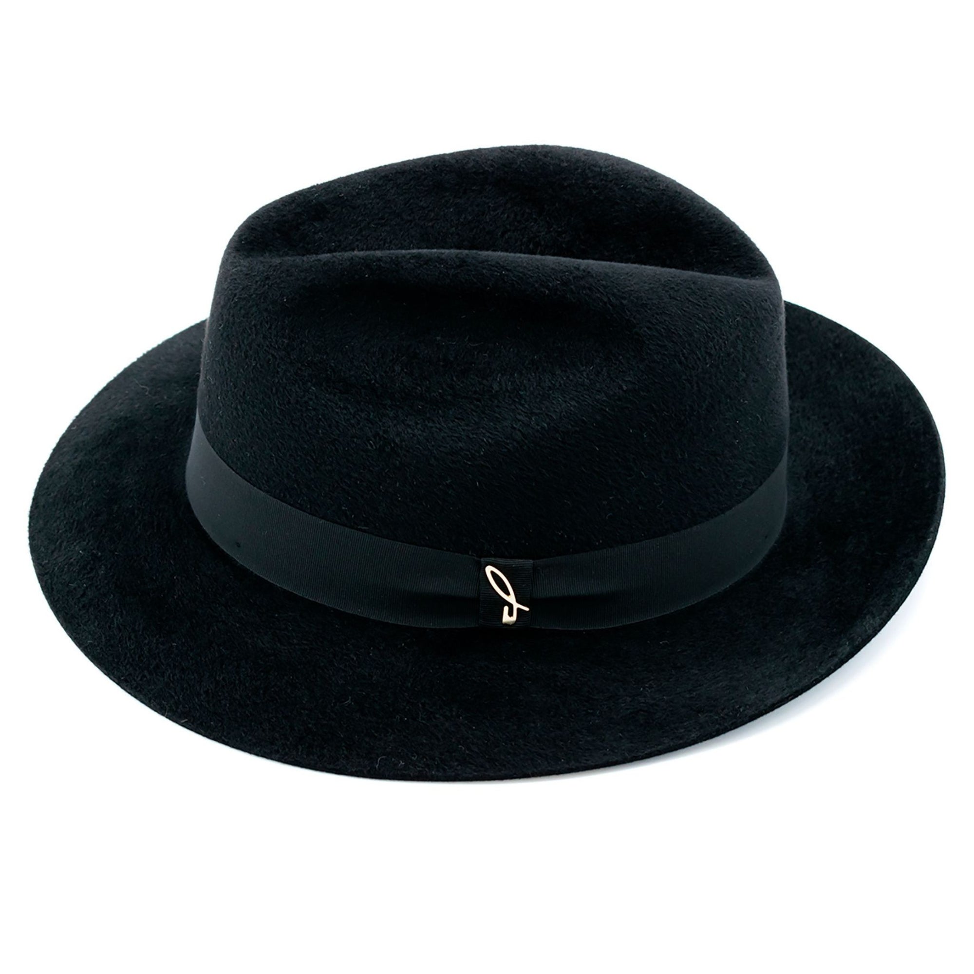 Black fedora hat with a ribbon on a white background