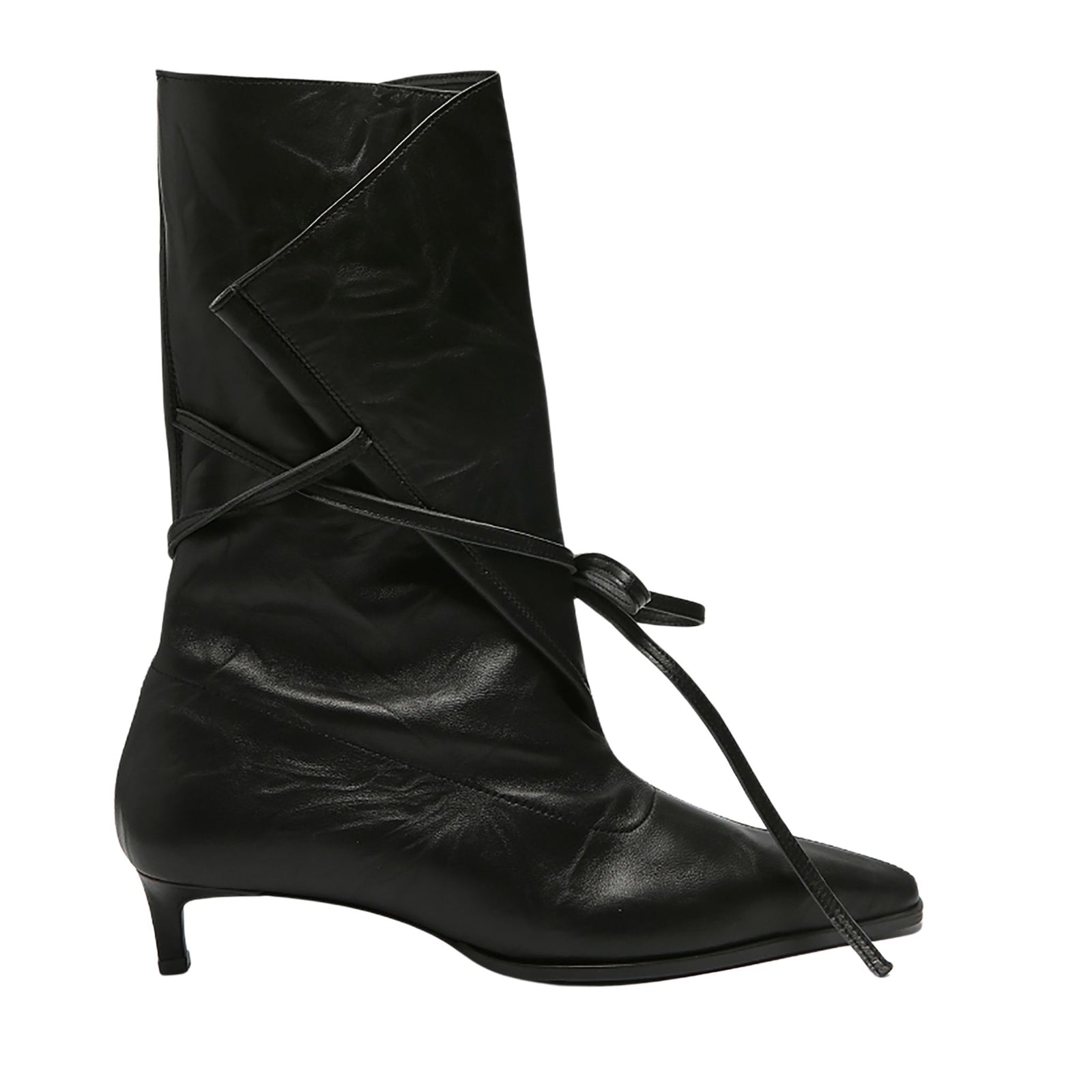 The THEN Black Folded-Top Leather Ankle Boots feature a pointed toe, low kitten heel, and a wraparound strap that ties at the side. Handcrafted in Korea.