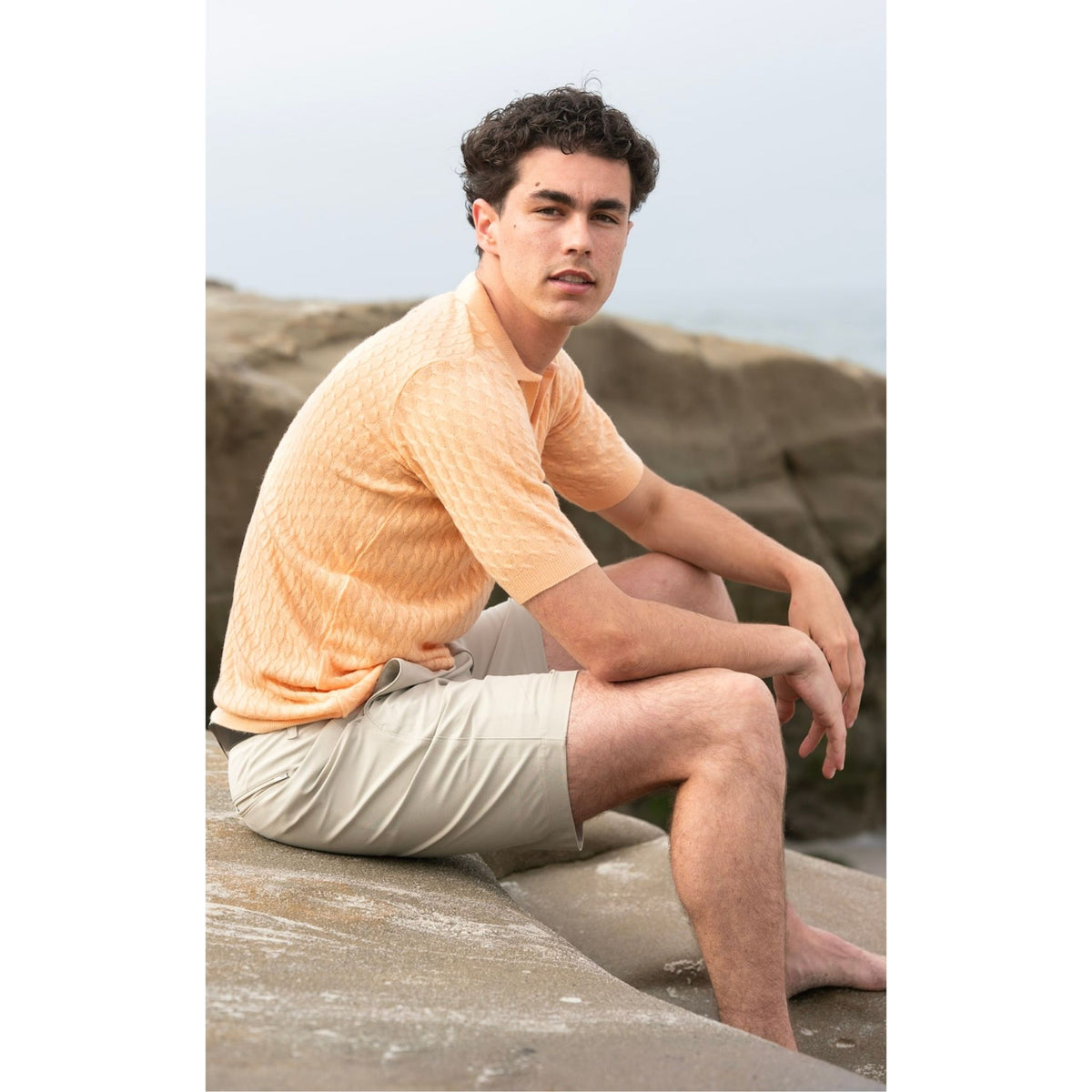 Orange Cable Knit Cashmere Feel Polo Shirt