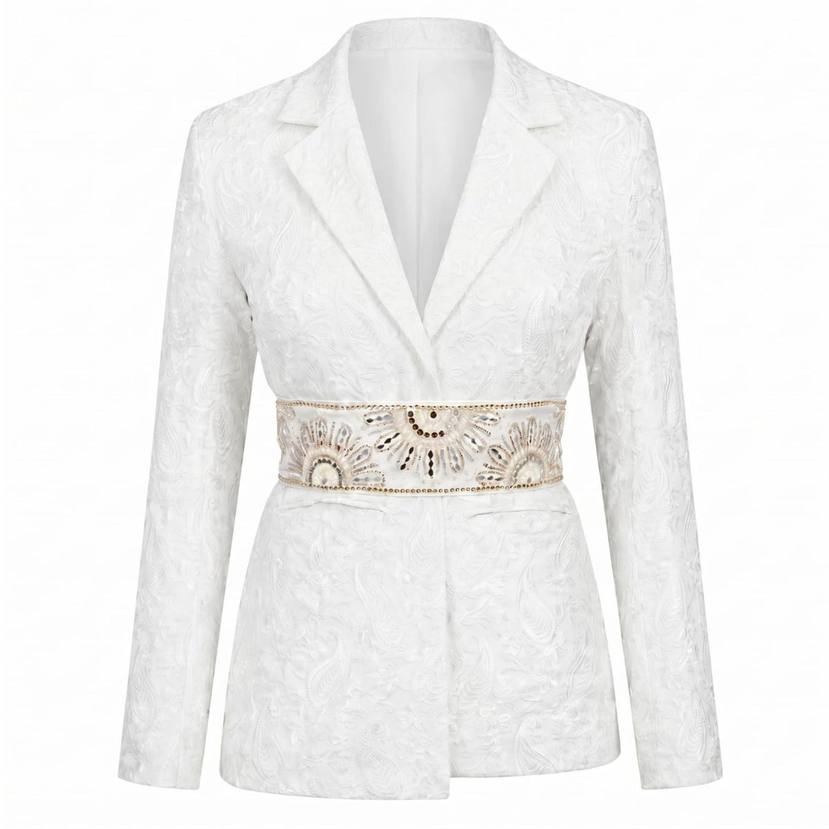The White Paisley Textured Blazer by INTERNATIONAL APPEAL features a subtle paisley texture, a beige and gold embellished waist belt, notch lapel, and long sleeves for an elegant finish.