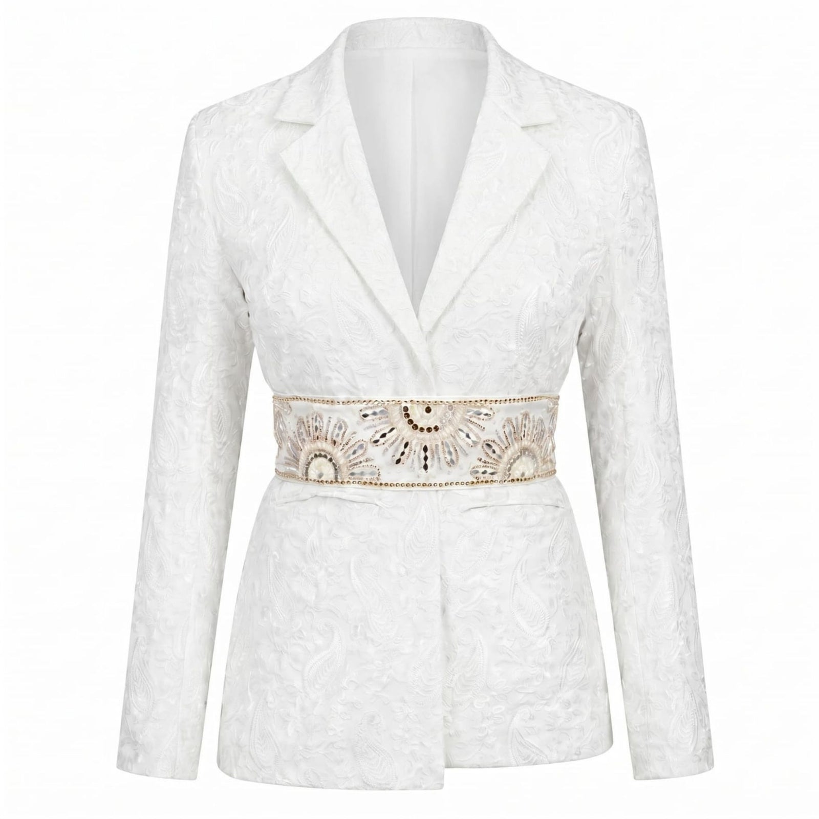 The White Paisley Textured Blazer by INTERNATIONAL APPEAL features a subtle paisley texture, a beige and gold embellished waist belt, notch lapel, and long sleeves for an elegant finish.
