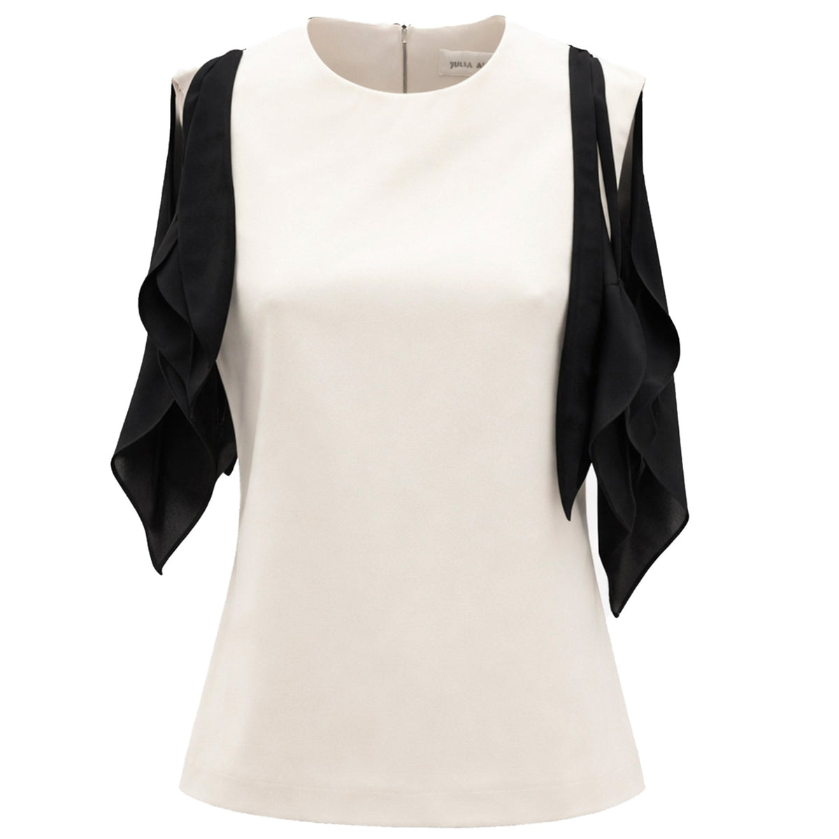 Designer Fitted Sleeveless Top in ivory by JULIA ALLERT features a round neckline, suiting-weight viscose, black floral ruffled shoulder accents, a fitted waist, and a visible back zipper.