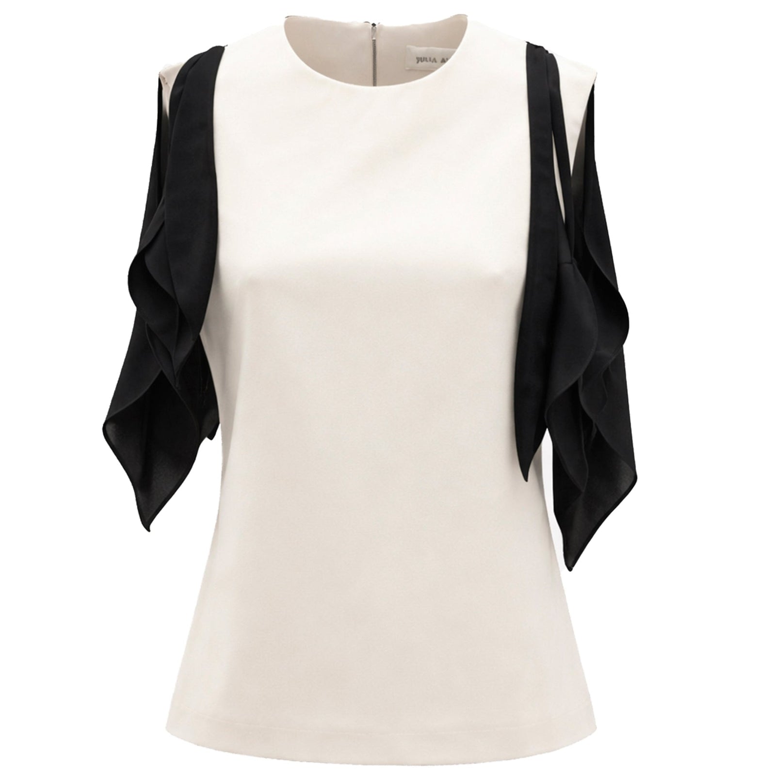 Designer Fitted Sleeveless Top in ivory by JULIA ALLERT features a round neckline, suiting-weight viscose, black floral ruffled shoulder accents, a fitted waist, and a visible back zipper.