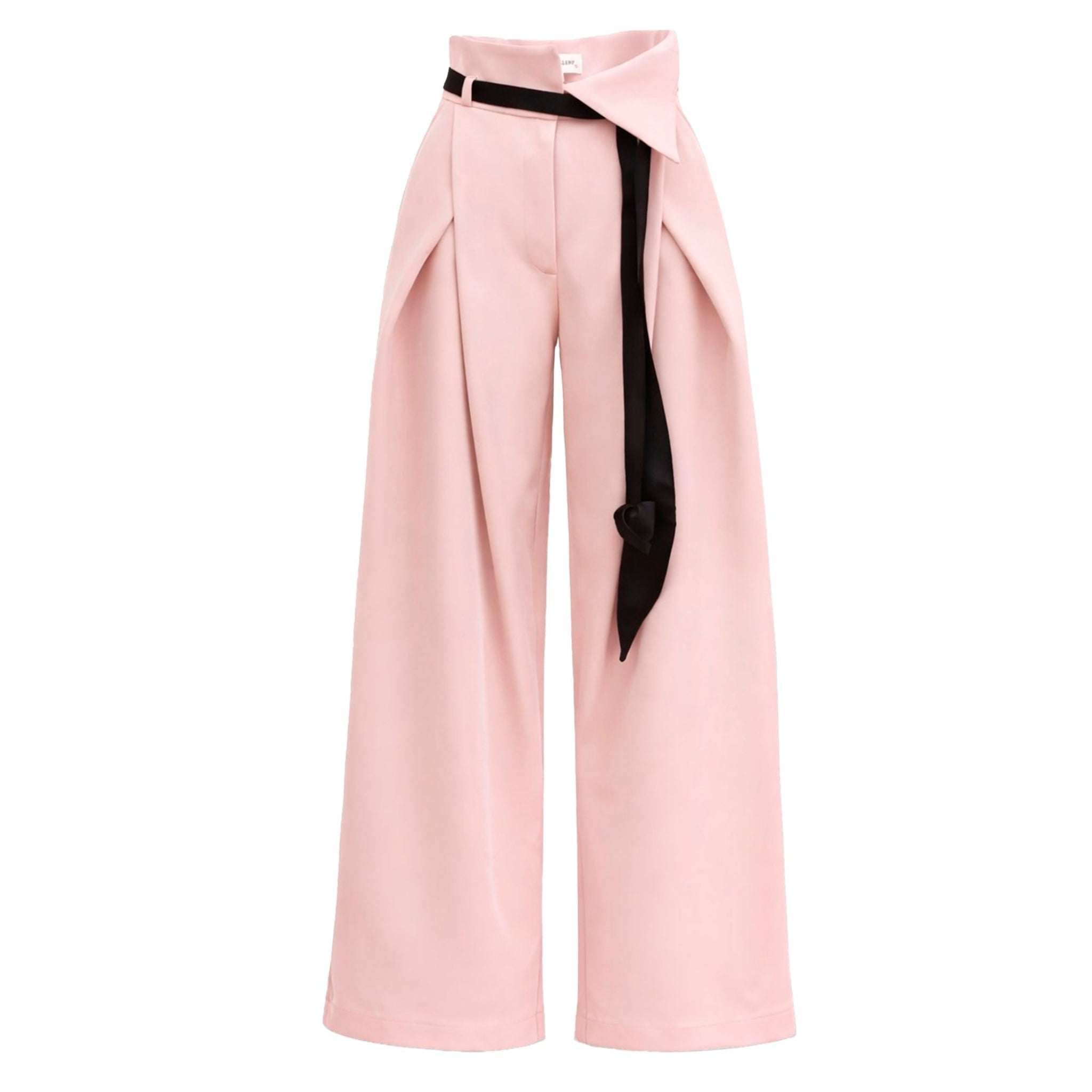 JULIA ALLERT Fashion Forward Wide-Leg Pants & Contrast Belt in pale pink feature a high waist, pleated details, and a black fabric belt tied at the waist, shown on a white background.
