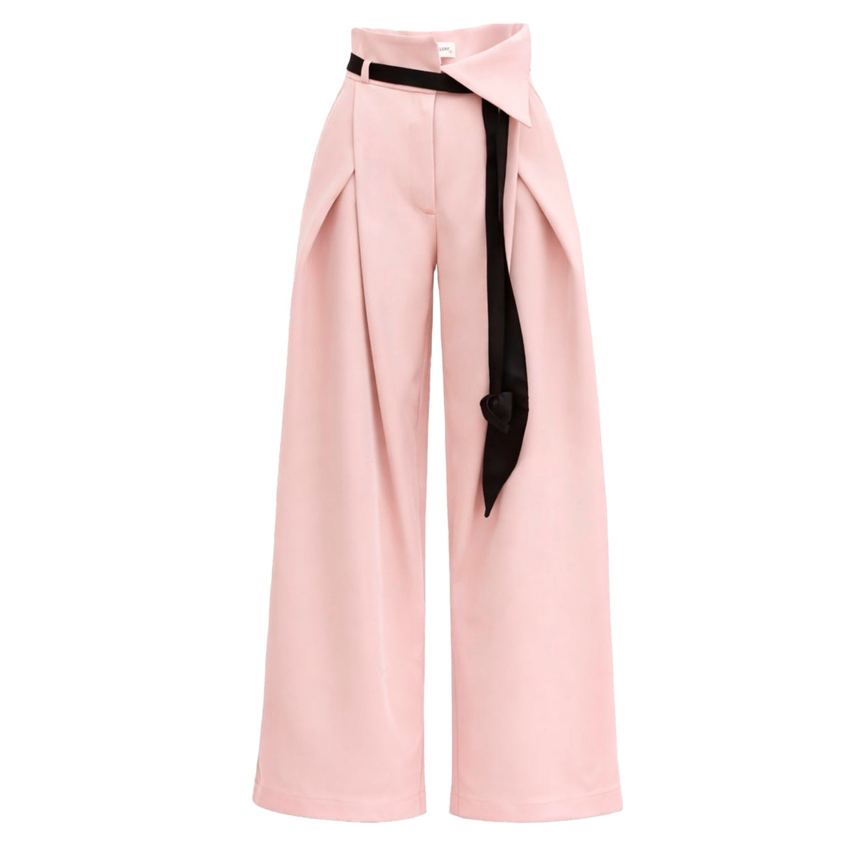 JULIA ALLERT Fashion Forward Wide-Leg Pants &amp; Contrast Belt in pale pink feature a high waist, pleated details, and a black fabric belt tied at the waist, shown on a white background.