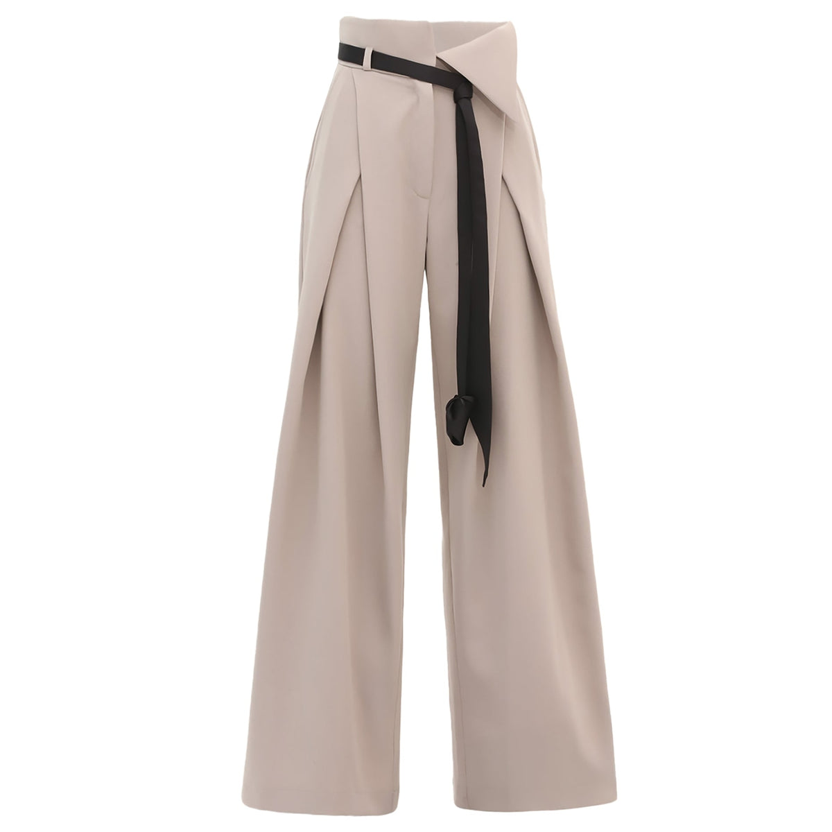The Fashion Forward Wide-Leg Pants &amp; Contrast Belt in beige by JULIA ALLERT feature a high-waist, sharp pleats, an asymmetrical waist, and come with a loosely tied contrast belt at the front.