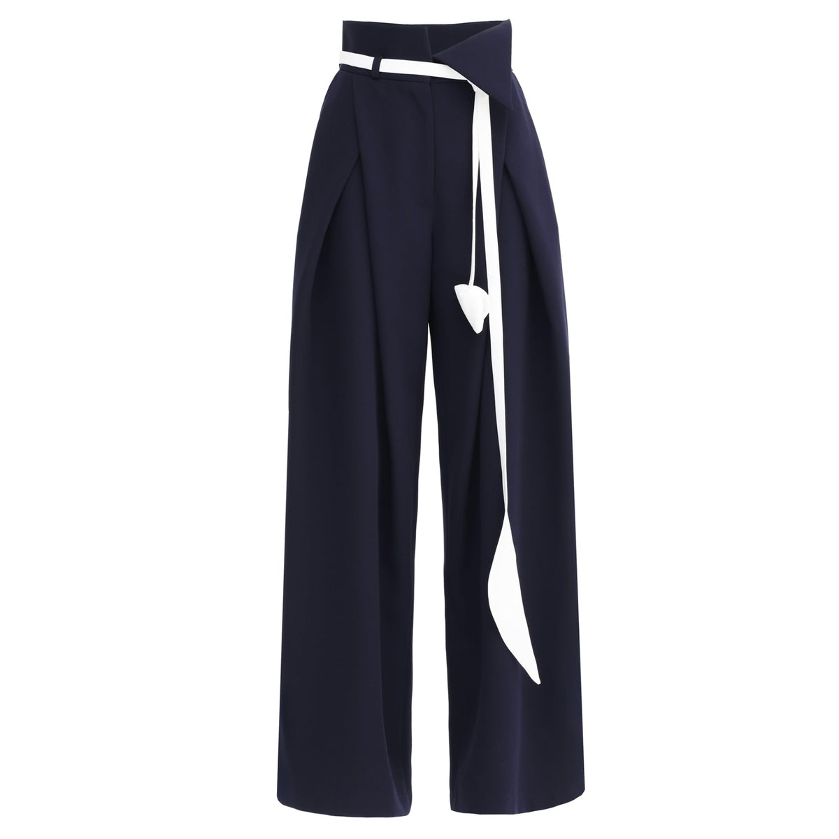 The JULIA ALLERT Fashion Forward Wide-Leg Pants &amp; Contrast Belt in navy feature pleated, high-waisted trousers with a striking white, asymmetrically draped belt.