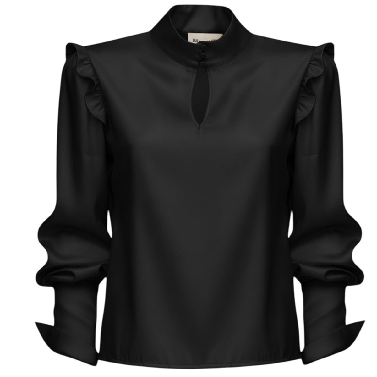 The JULIA ALLERT Designer Satin Blouse With Bishop Sleeves And Stand Collar in black features long puffed bishop sleeves, a keyhole neckline, and ruffled shoulders—perfect for elevating your capsule wardrobe.